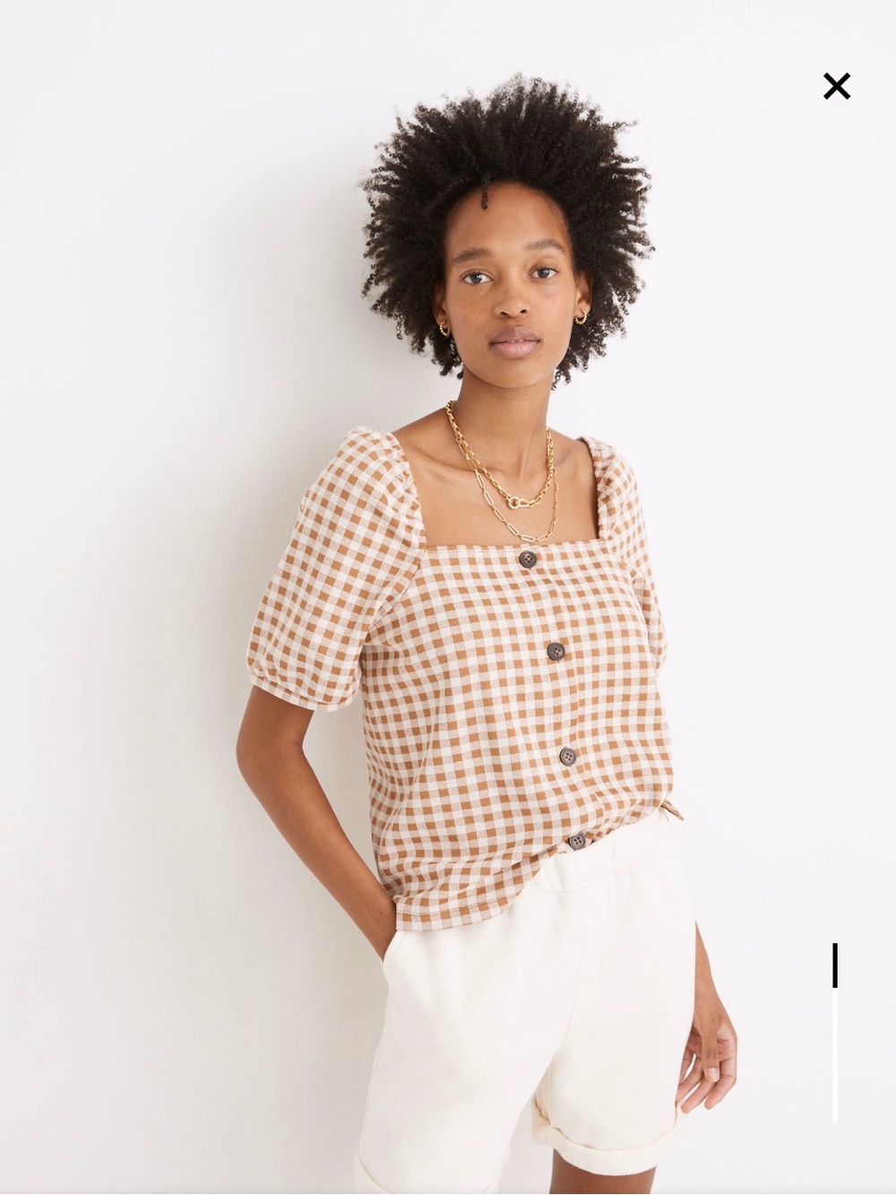 Madewell Brown and White Gingham Button-Front Square-Neck Top